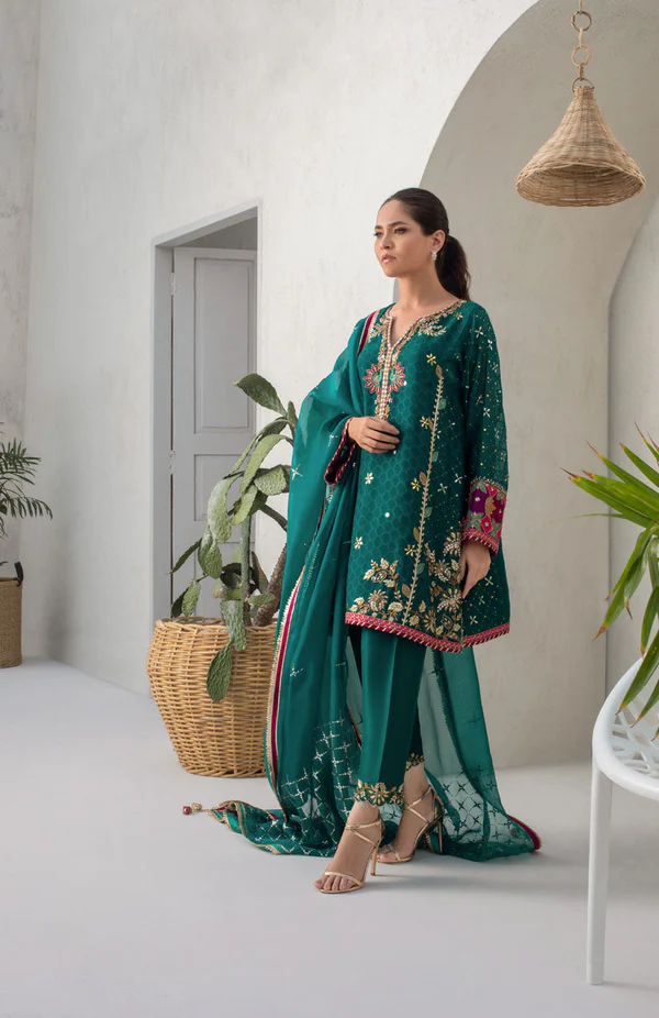 Pepper Green Cotton Net Kurta With Kamdani Detailing - Image 2