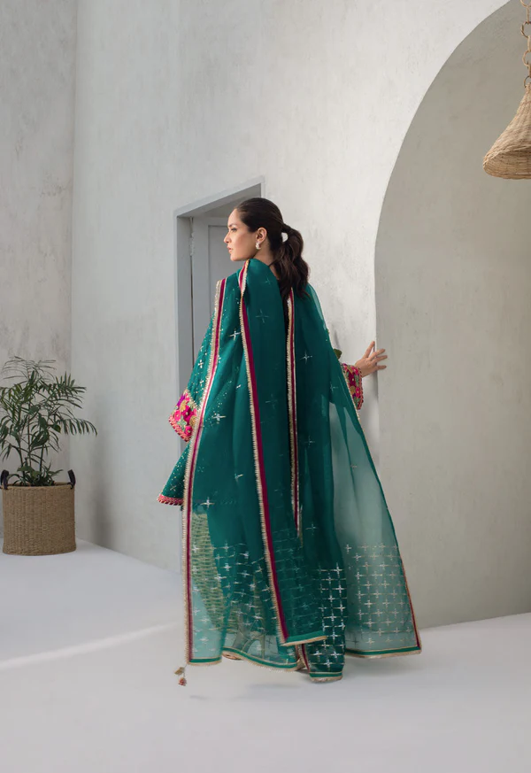 Pepper Green Cotton Net Kurta With Kamdani Detailing - Image 3